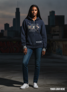 TAWFIQ <b>Women's</b> <b>Navy</b> Hoodie With City Print Zip Front Casual Autumn Wear 100% Cotton Fleece Regular Fit - Product Image 4