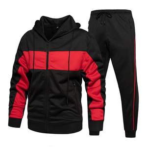 Survêtement à capuche pour homme, noir et rouge, avec blocs de couleur, sweat-shirt à fermeture éclair à manches longues, pantalon de jogging, style sportif, vêtements d'automne - Product Image 1