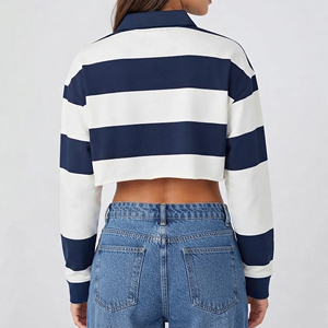 OEM/ODM Custom Made <b>Crop</b> <b>Top</b> Fit Short Sleeve <b>Stripe</b> Design for Shirt 100% Cotton Knitted Jersey Casual Breathable - Product Image 3