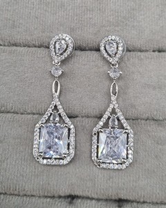 Square Cut Stone Geometric Frame Pear <b>Halo</b> Stud and Long Dangle <b>Earring</b> Design for Women Party Wear Dangle <b>Earrings</b> Manufacturer - Product Image 2