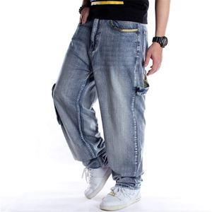 Pantalon de travail en denim de coton baggy Hip Hop coupe ample pour hommes, jean à jambe droite, poches plaquées, style de rue - Product Image 3