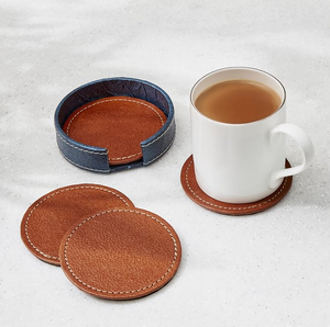 Round Leather <b>Coasters</b> Set With Non Slip Design For Table Mats Modern Style Brown And <b>Blue</b> Color table mat for dining Classic - Product Image 1