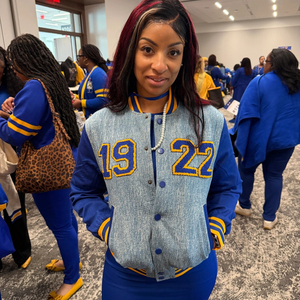 SGRho 1922 Light Blue <b>Denim</b> Bomber <b>Jacket</b> Royal Blue Sleeve Varsity Style Embroidered Crest Sorority College Casual Fashion - Product Image 5