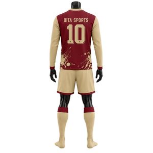 Ensemble de tenue de football pour adultes, couleur bordeaux et or, haut à manches longues et short, léger et respirant, kit de football d'équipe pour les matchs - Product Image 2