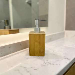 Bamboo <b>Bathroom</b> Organizer <b>Set</b> With Soap Dispenser Toothbrush Holder And Storage Tray Minimalist Rectangle Customized Design - Product Image 5