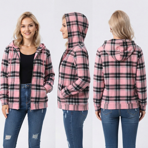 Veste à capuche en flanelle à carreaux pour femme, 100 % coton, décontractée, pour l'automne, avec fermeture éclair, coupe régulière, manches longues, sweats à capuche à carreaux pour homme - Product Image 5