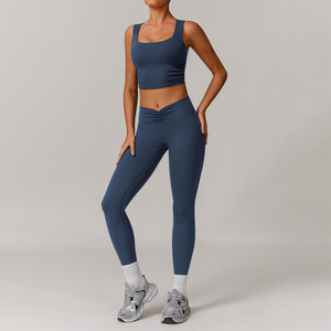 Conjunto de yoga para mujer: leggings fruncidos de cintura alta, top corto de cuello cuadrado, conjunto de ropa deportiva sin costuras para gimnasio y fitness - Product Image 6