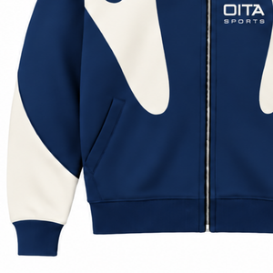 Navy Blue Contrast Panel Zip Up Hoodie Men Streetwear Full Zipper Long Sleeve Casual <b>Fleece</b> <b>Hooded</b> <b>Jacket</b> With Pockets - Product Image 6