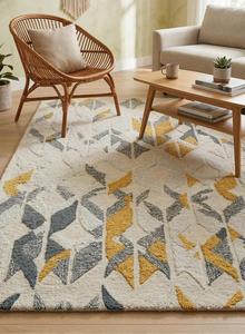 Tapis en laine tufté à la main ivoire très demandé, motif géométrique abstrait gris-moutarde, antidérapant, à poils moyens, avec envers en coton et silicone - Product Image 5