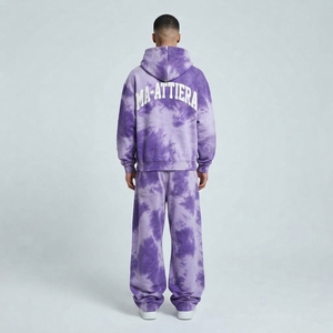Men Purple <b>Tie</b> <b>Dye</b> <b>Hoodie</b> Pants Set Oversized Hooded Sweatshirt Wide Leg Pants Stud Detail Two Piece Streetwear Tracksuit - Product Image 2