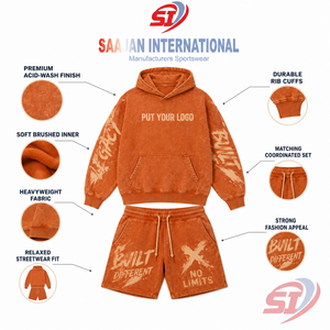 High Quality <b>Men</b> Acid Wash Streetwear <b>Set</b> <b>Hoodie</b> <b>and</b> <b>Shorts</b> 100% Cotton Custom Logo OEM ODM Supplier - Product Image 5