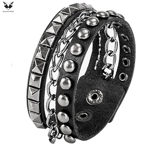 For Wholesale Rate New Trendy Product Black PU Leather Bracelet with Metal Studs and Chain Detail Fashion Wristband For <b>Men</b> - Product Image 3