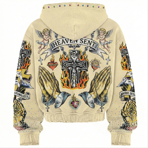 Sweat à capuche zippé vintage personnalisé avec motif en strass, coupe ample, vente en gros, streetwear oversize pour hommes, sweats à capuche et sweat-shirts cousus - Product Image 2