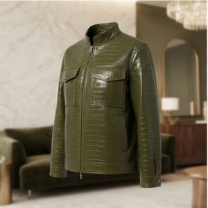 Blouson en cuir PU gaufré crocodile vert, col montant, manches longues, longueur standard, veste pour femme, automne - Product Image 3