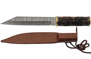 Couteau utilitaire de style japonais en acier Damas artisanal, manche en bois sculpté, étui en cuir - Product Image 4