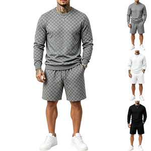 Men's Black Checkered <b>Sweater</b> <b>Set</b> Long Sleeve Top Drawstring <b>Shorts</b> Casual Summer Knitted Sportswear Outfit - Product Image 1