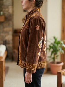 Women's <b>Velvet</b> <b>Jacket</b> Mandarin Collar Hand Embroidered Animal Pattern Full Sleeve Winter Open Closure - Product Image 4