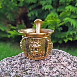 Antique brass mortar and pestle set featuring a flared rim bowl design, available at wholesale prices. - Product Image 6