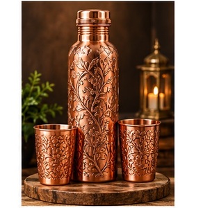 Ethnic Copper <b>Water</b> <b>Bottle</b> with Lid and 2 Engraved Cups Vintage <b>Metal</b> Drinkware Set - Product Image 6