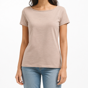 Women's Slub Cotton T <b>Shirt</b> Boat Neck Short Sleeve Slim Fit Tee Solid Casual Daily Wear - Product Image 1