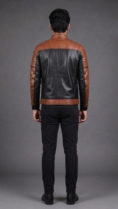 Men's Genuine <b>Leather</b> Moto <b>Jacket</b> Slim Fit Zipper Closure <b>Brown</b> Black Solid Turn-down Collar Regular Sleeve Autumn Front - Product Image 3