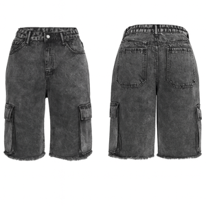 <b>Women</b> Acid-Wash <b>Cargo</b> Denim Shorts High Waist Crystal Distressed Knee-Length Frayed Hem Multi-Pocket Streetwear Summer - Product Image 3