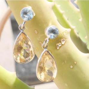 Pendientes de Plata de Ley 925 con Citrino Amarillo y Topacio Azul Tallados a Mano, Pendientes Colgantes de Citrino - Product Image 4