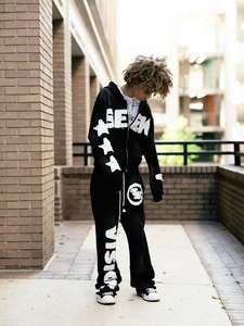 Unisex Streetwear Tracksuit <b>Set</b> Black Hooded Zipper Full Length Joggers With Letter Print And Logo Patch Loose Fit Autumn Wear - Product Image 4