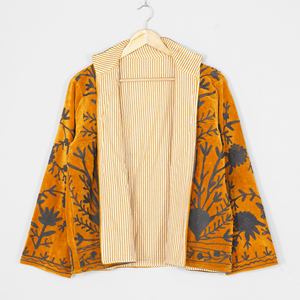 Women Velvet Embroidered <b>Jacket</b> Mandarin Collar Lantern Sleeve Floral Boho Style Autumn Coat Handmade Suzani <b>Pattern</b> - Product Image 3
