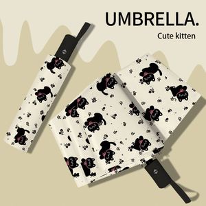 Parapluie de voyage pliable en 3 sections pour femme, motif chat de dessin animé mignon, en pongé avec protection UV, vente en gros - Product Image 2