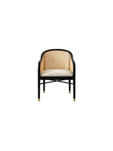Fauteuil en rotin moderne avec revêtement en lin et pieds en teck massif pour salle à manger ou terrasse extérieure - Product Image 1