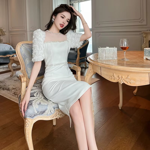 Elegante Vestido Midi Blanco de Fiesta con Cuentas de Perlas y Mangas Florales Adornadas, Vestidos Casuales de Satén para Mujer - Product Image 3