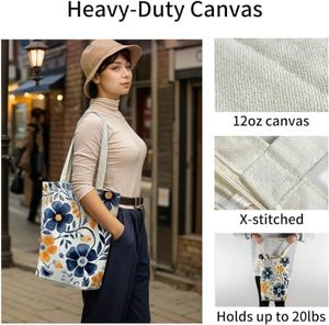 Sac fourre-tout réutilisable en toile de coton à motif floral esthétique pour femme, grande capacité, pour courses et plage, sac à bandoulière, personnalisable OEM - Product Image 3