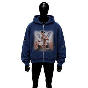 Sweat à capuche zippé vintage bleu avec motif ange, fermeture éclair sur le devant, coupe décontractée, en molleton bouclette 100% coton, idéal pour l'automne, RELAXE - Product Image 1