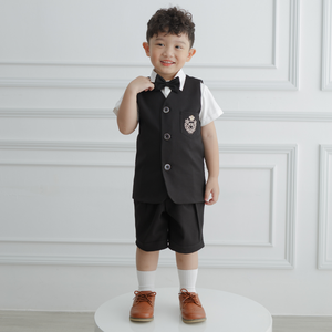 Giá Tốt Nhất Tùy Chỉnh Richard Chàng Trai Quần Áo Thiết Lập 4 Mảnh Màu Đen Bow Tie Vest Với Trắng Ngắn Tay Áo Sơ Mi Và Màu Đen Quần Ngắn - Product Image 1