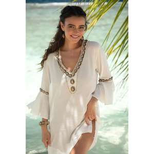 Vestido Mini Boho Blanco de Gasa para Mujer, Cuello en V, Corte Holgado, para Playa, con Mangas Acampanadas y Detalles Étnicos - Product Image 4