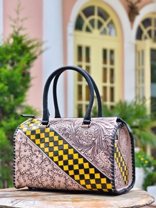 Beautiful Attractive Hand Tooled Florals Carved With Yellow Black Color Checkered Pattern 100% Genuine Leather Speedy Duffle Bag - Product Image 5
