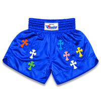 Özel Tasarım Saten Muay Thai MMA Dövüş Şortları İşlemeli Lüks Spor Giyim Polyester/Naylon Kumaştan Üretilmiş Premium Çapraz Yamalı Boks Şortları