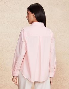 Camisa Rosa de Botones para Mujer, Manga Larga, Corte Regular, Popelina de Algodón, Blusa Informal de Oficina, Color Sólido, Uso Diario - Product Image 4