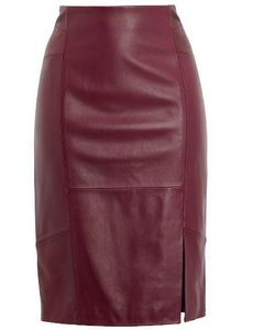 Jupe midi droite en similicuir pour femme avec fente avant, design minimaliste, couleur beige, taille normale, à porter toute l'année - Product Image 6
