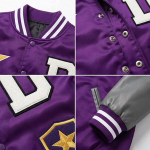 Veste universitaire pour homme en violet, manches en cuir PU, broderie écusson étoile D 22, style preppy, col rabattu, pour l'automne - Product Image 6