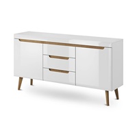Buffet moderne en bois massif de style nordique Newry avec 3 tiroirs et 2 portes, style scandinave du milieu du siècle, pieds coniques, armoire de salon