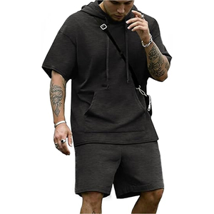 Men’s Trendy Grey Hoodie Shorts <b>Set</b> Breathable Summer Casual Outfit Stylish Streetwear Gym Wear Comfortable Clothing - Product Image 1
