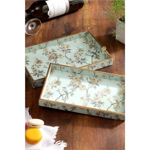 Bandeja Decorativa de Madera Verde Menta con Adornos Florales y de Aves Estilo Chinoiserie, con Borde Dorado, Elegante Plato para Servir en Inauguraciones - Product Image 1