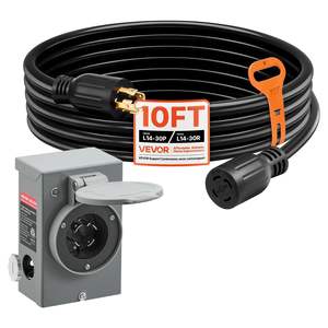 30 Amp Generator Cord <b>Power</b> Inlet Box 10 FT 125/250V NEMA L14-30P L14-30R SJTW 10 Gauge 7500W Pre-<b>Drilled</b> Extension <b>Power</b> Cord - Product Image 1