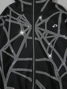 Sweat à capuche zippé intégral en molleton de coton, motif squelette en strass, coupe oversize, streetwear, design graphique, fabrication sur mesure, fourniture pour marques - Product Image 6