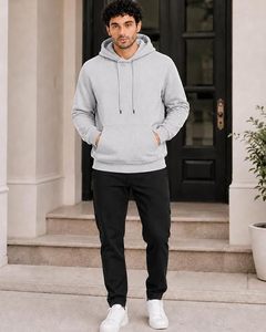Sudadera con Capucha para Hombre, Color Gris Claro, Corte Regular, Color Sólido, Informal, con Bolsillo Delantero, Tejido de Punto, para Otoño - Product Image 4