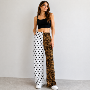 Pantalon décontracté Loveda à taille haute, coupe droite, imprimé bicolore, jambe large, drapé, prêt à expédier, vente en gros pour femmes - Product Image 5
