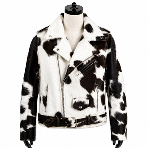Veste de moto en cuir de vachette noir et blanc pour homme, col rabattable, fermeture éclair, ceinture, imperméable, respirante, coupe-vent pour l'hiver - Product Image 1