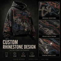 Sweat à capuche personnalisé avec strass, effet délavé, pour homme, coupe ample, style vintage streetwear, fabricant de marques privées